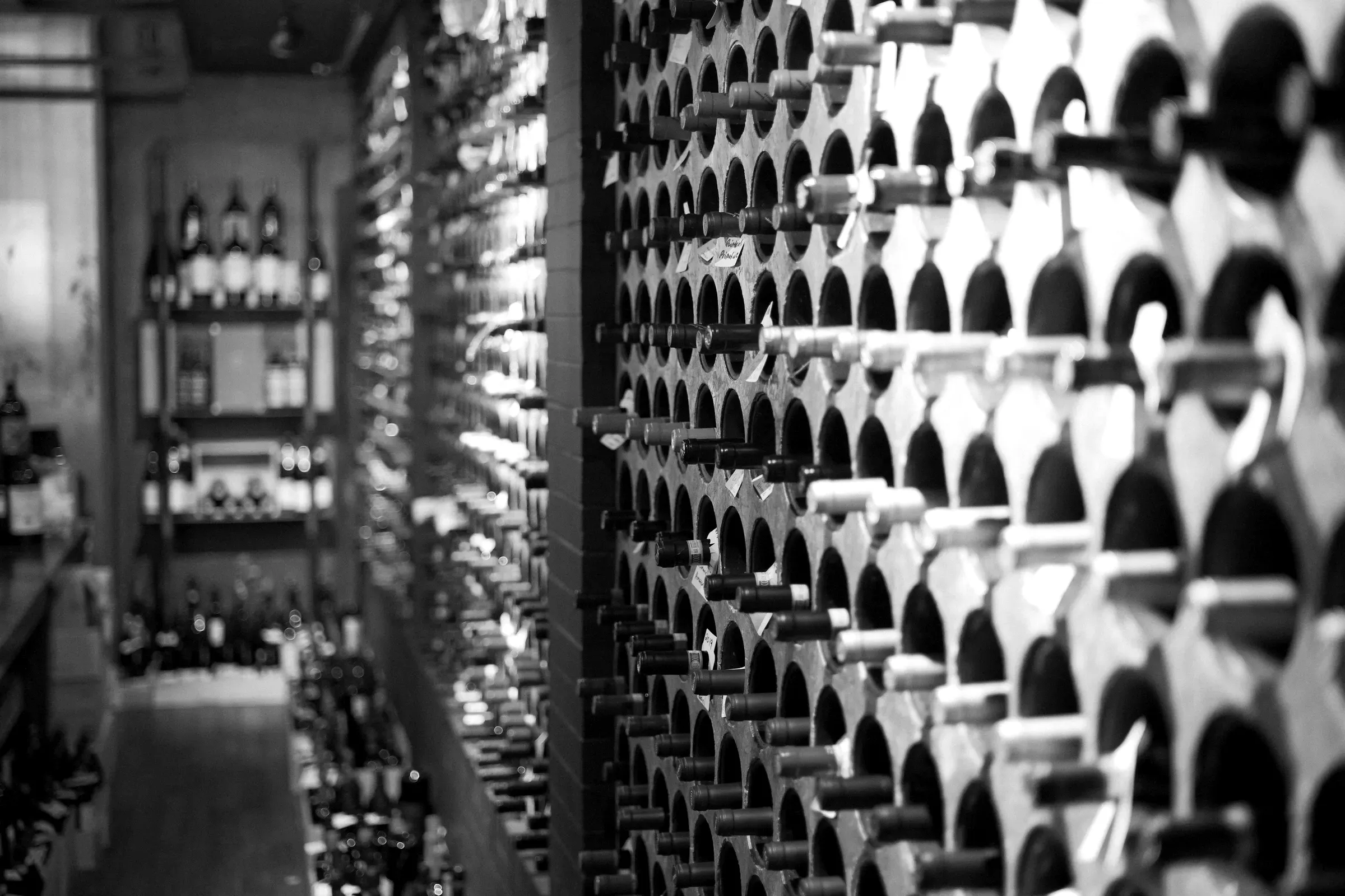 Cava en blanco y negro con estantes llenos de botellas de vino